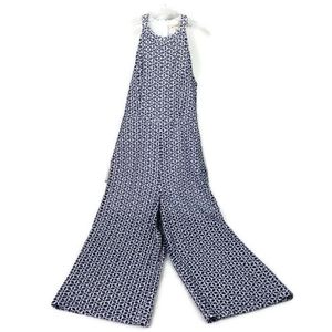 Francescas Miami White & Blue Eyelet Halter Top Wide Leg Jumpsuit Womens Medium